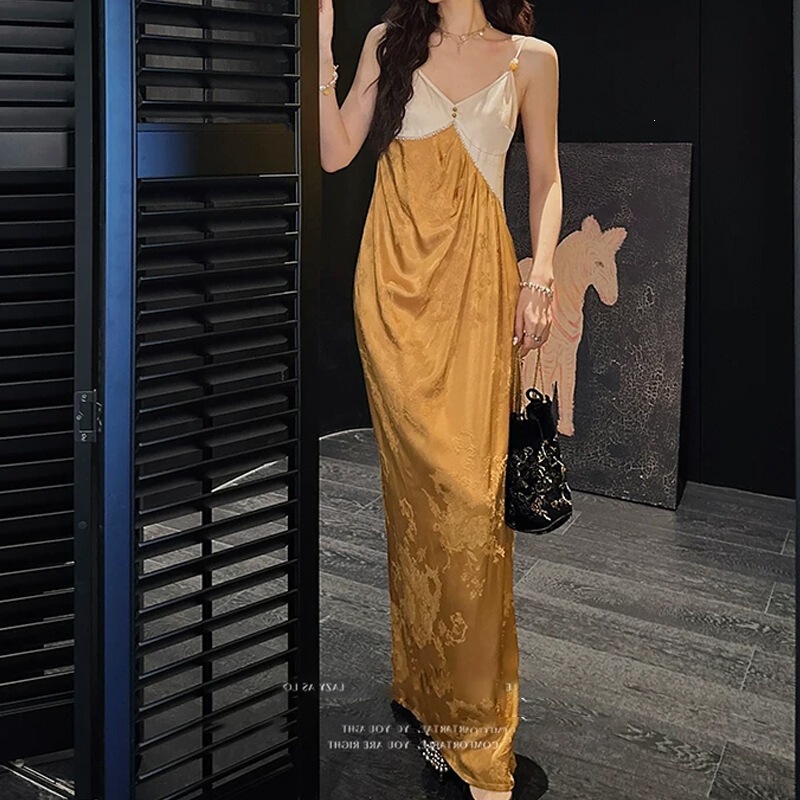 【Pin Yue】2026 Spring/Summer New Chinese Style Sling Dress for Women, Satin Jacquard Long Dress, Elegant Mature Style 【Pin Yue】2026 Spring/Summer New Chinese Style Sling Dress for Women, Satin Jacquard Long Dress, Elegant Mature Style