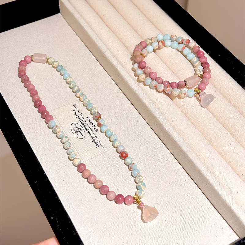 Chinese Style Shoushan Stone Double Circle Pink Crystal Lotus Bracelet Rhodolite Chalcedony Lion Awakening Sweet Gourd Pendant Bracelet for Women