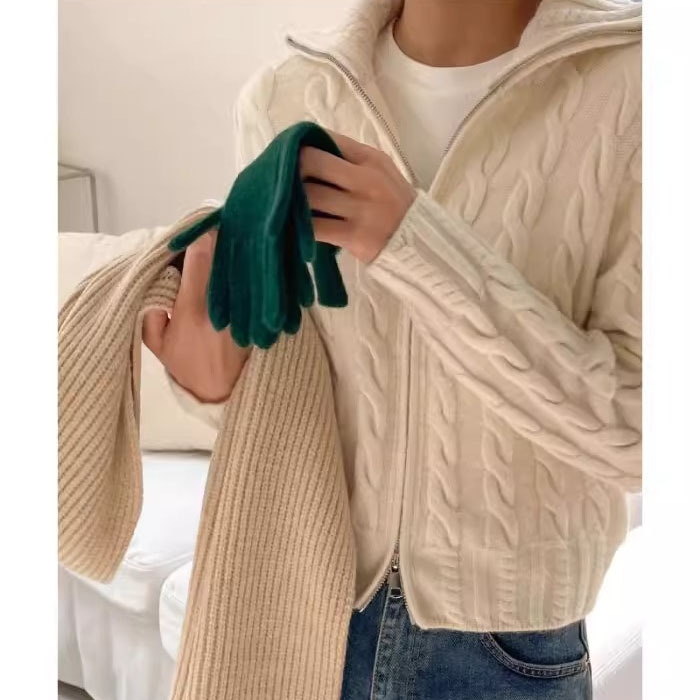 South Korea export spring and autumn women's turtleneck linen pattern zipper sweater coat thickened outer wear gentle style knitted cardigan