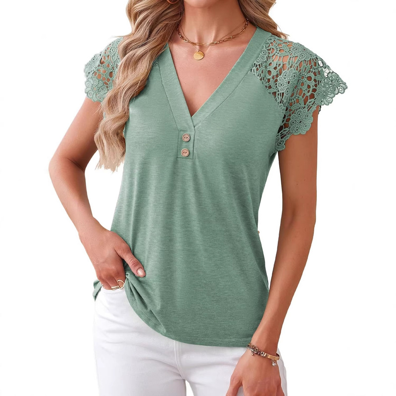 New Product 2026 European and American Hot-Selling Women's Clothing with Lace Trim on the Shoulders, V-Neck Loose Top for Women New Product 2026 European and American Hot-Selling Women's Clothing with Lace Trim on the Shoulders, V-Neck Loose Top for Women