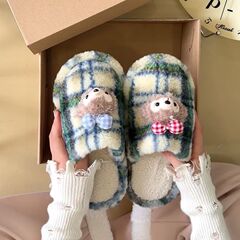 韩版雪莉玫毛毛拖鞋女外穿2025冬季新款居家保暖加绒防滑包头棉拖