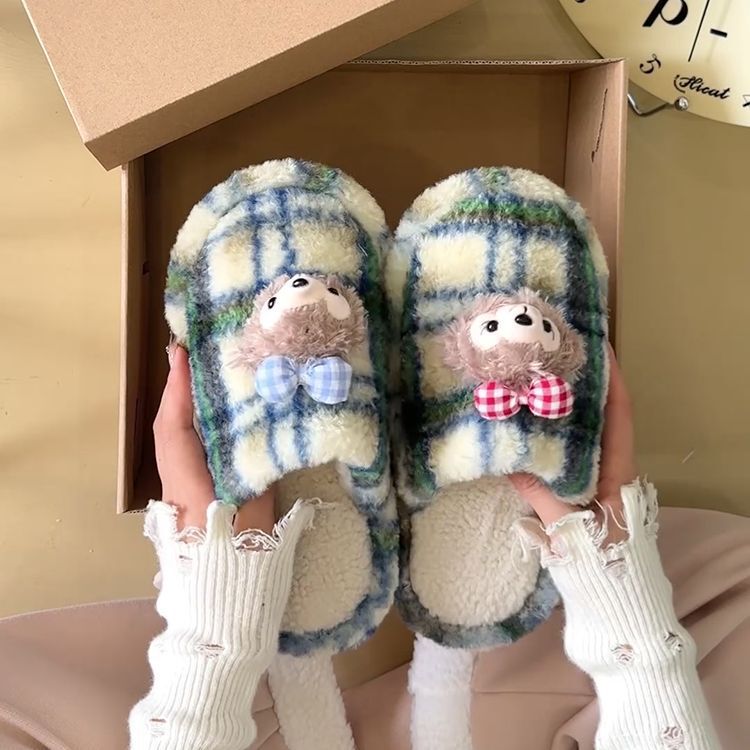 韩版雪莉玫毛毛拖鞋女外穿2025冬季新款居家保暖加绒防滑包头棉拖|undefined