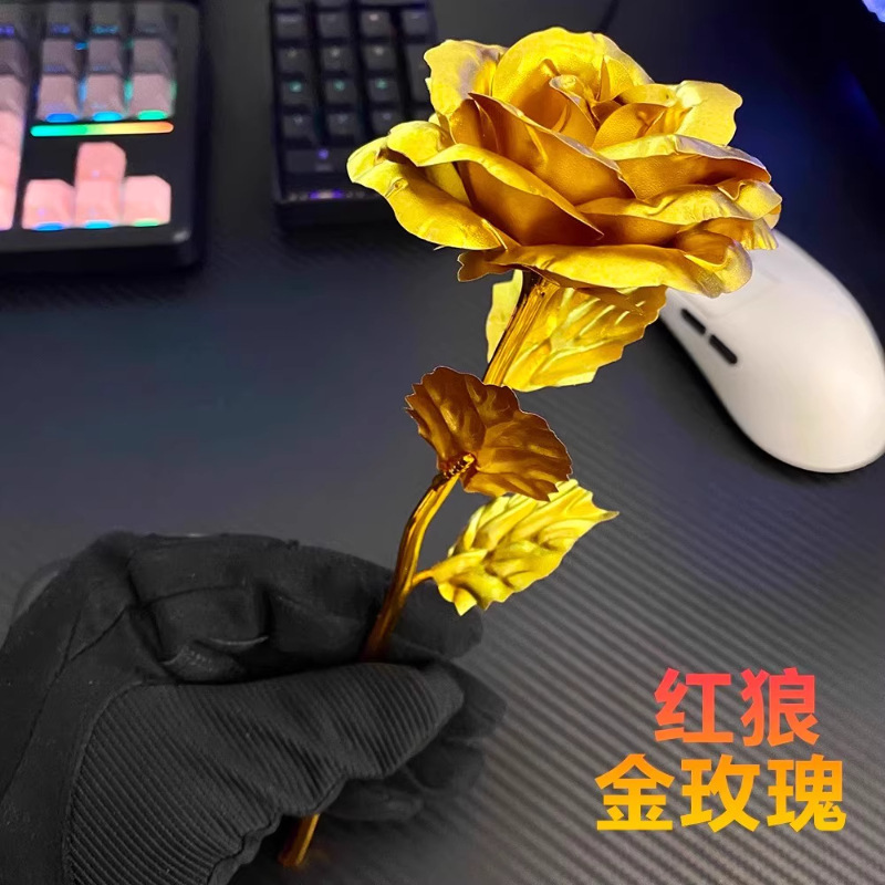 [Free Shipping] New Peripheral Gold-Etching Rose Model Red Wolf Cos Gold Foil Rose Ornaments Toy Hand-Made Gift
