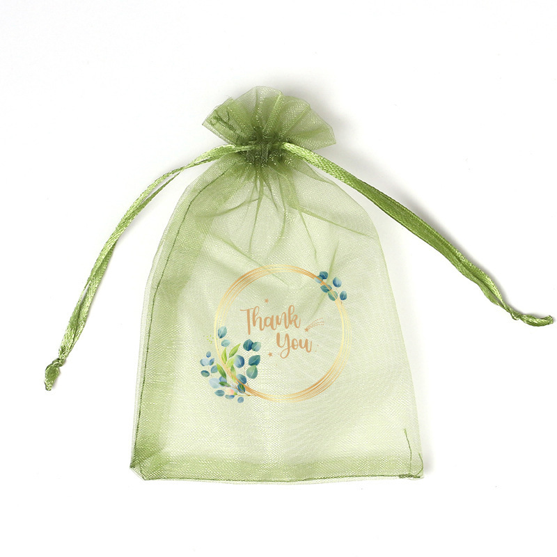녹색 잎 손으로 그린 ​​감사합니다; 육군 녹색 거즈 가방; 11*16cm