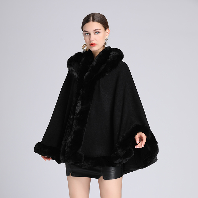 Uld-krave hætte cape cape plus-size løs cape frakke kvinde_voghion.com