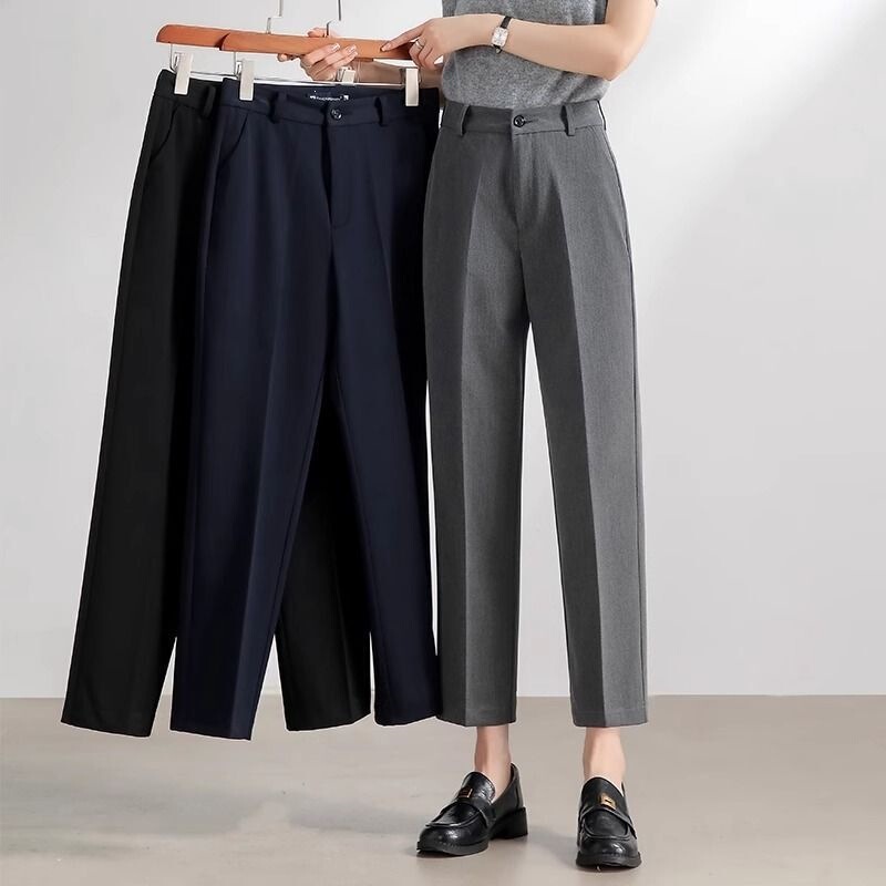 Women's Summer Thin High-Waisted Slim-Fit Work Trousers, Ice Silk Straight-Leg Pants for Commuting and Interviews