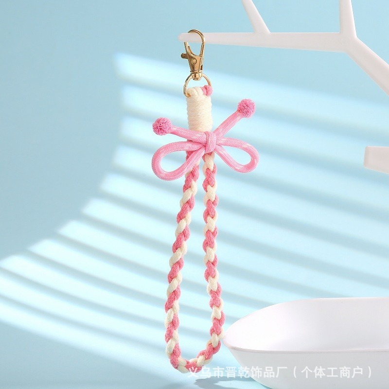 新款条纹蝴蝶结钥匙扣挂绳女孩百搭包包糖果色纯手工编织手腕挂绳|undefined
