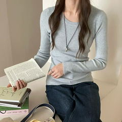 秋冬复古圆领修身弹力内搭针织长袖打底衫女毛衣百搭纯色叠穿上衣