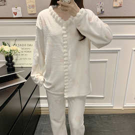秋冬季新款睡衣女法兰绒时尚简约休闲可外穿加厚保暖家居服套装女