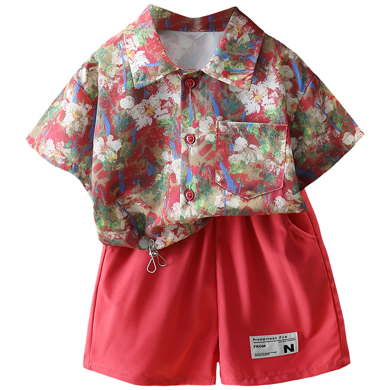 7287 Traje de camisa de flores rojas para niños 2025 Nuevo estilo de verano Ropa de manga corta de moda Traje de dos piezas de verano para niños