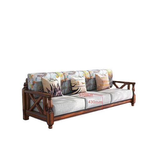 American country-style solid wood sofa with fabric decorations, small apartment living room retro furniture pastoral 123 combination three-seater sofa