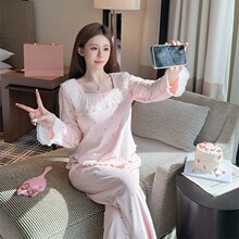 睡衣女新秋冬加厚双面绒超柔波点舒适长袖长裤吊带胸垫套装家居服