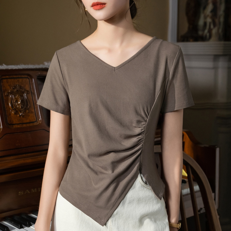 Camiseta de manga corta para mujer verano 2023 nuevas mujeres elegantes con cuello en V hilo camiseta irregular dobladillo dividido cintura superior
