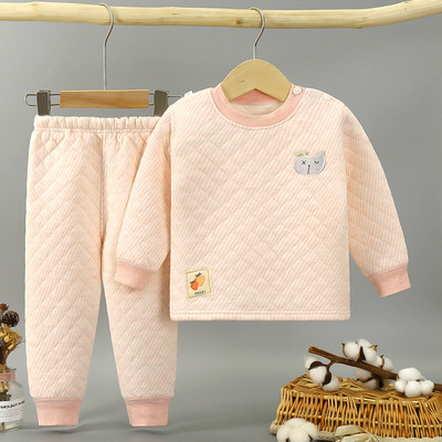 2021秋冬新款三层夹棉儿童保暖内衣套装棉衣棉裤男童女童居家套装