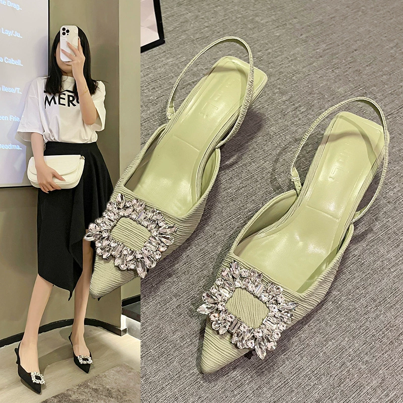 ZA сандалии с квадратным носком и острым носком со стразами, женские весенние новинки 2024, ретро Baotou, нежная темпераментная женская обувь