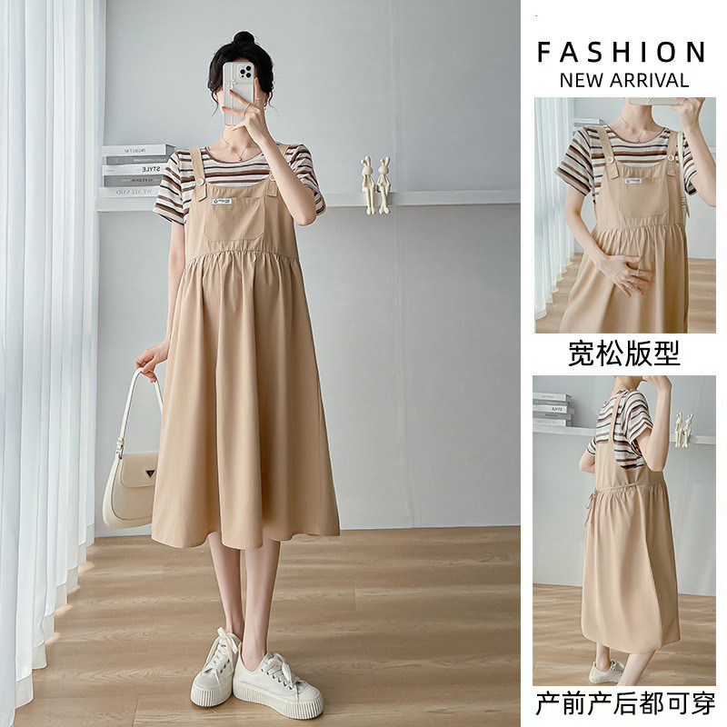 Pregnant women's 2023 Summer clothing dress new loose fake two-piece striped fashion casual skirt thin Pregnant women's 2023 Summer clothing dress new loose fake two-piece striped fashion casual skirt thin