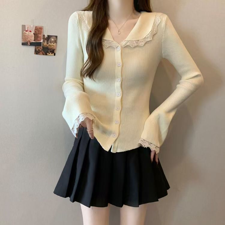 French Lace Doll Collar Black Cardigan for Women Autumn New Hot Girl Bell Sleeves Inner Bottoming Shirt Top