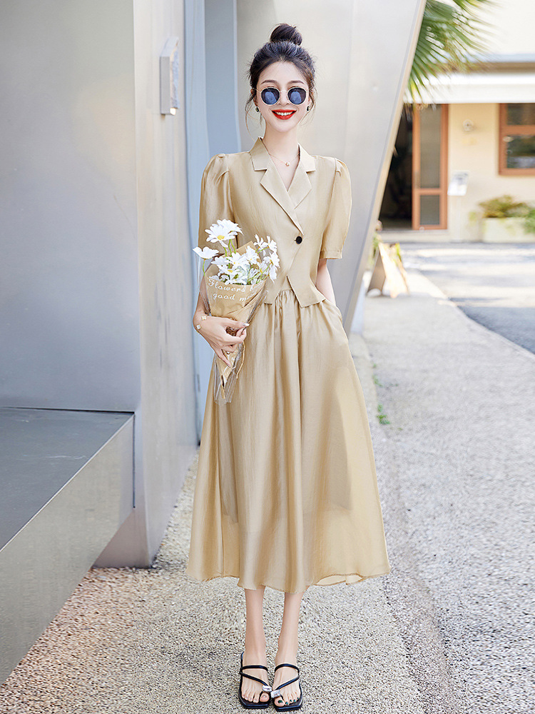 Bộ đồ Tencel nữ hai mảnh gồm áo và chân váy midi thắt eo — Màu đen, Màu xám, Màu kaki