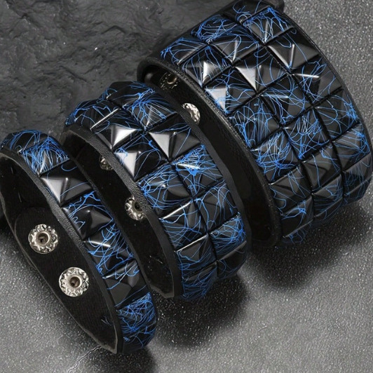 Cross-Border Punk Hand Blue Three-Row Square Nail Pu Right-Angle Leather Bracelet Personalized Rivet Fashion Leather Bracelet