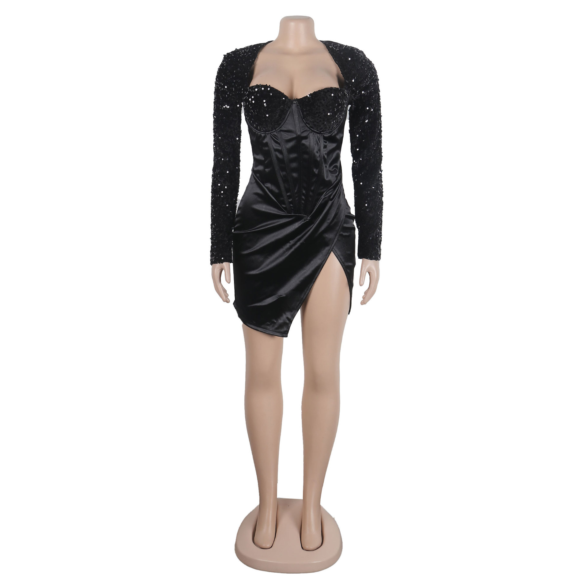 Women's Sheath Dress Party Dress Elegant Collarless Sequins Long Sleeve Solid Color Above Knee Banquet Party display picture 22