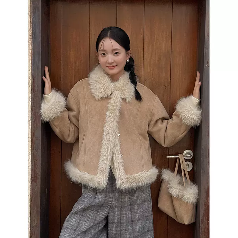 【费尔南德】歌铭复古翻领仿麂皮绒外套女冬季皮毛一体夹克N499B
