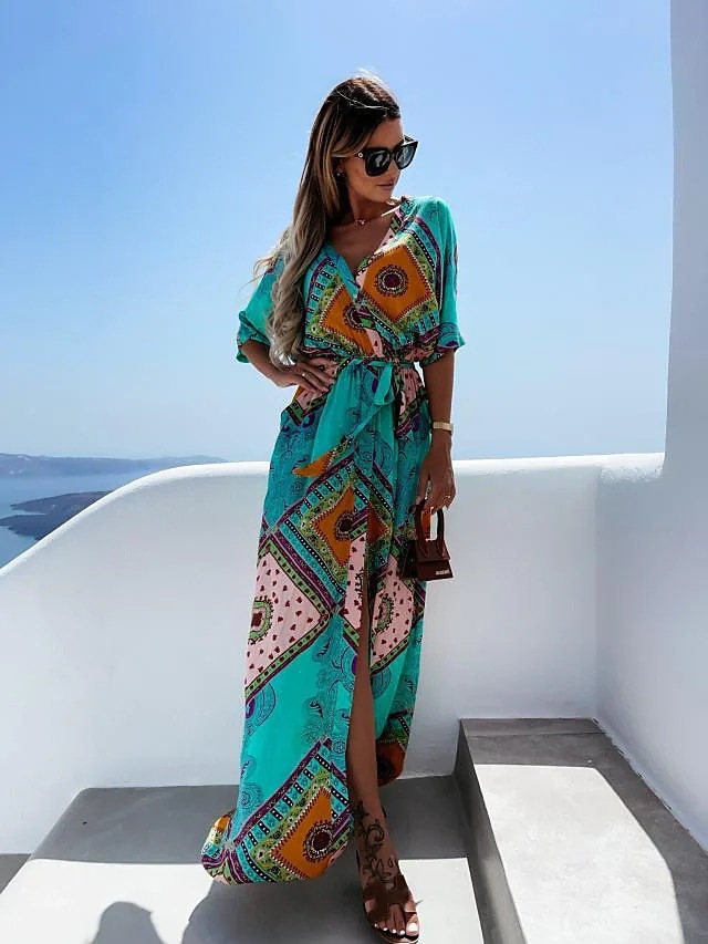 Holiday Occasion V Neck Neckline Wholesale Women'S Elegant Printing Color Block Holiday V Neck Short Sleeve Regular Dress