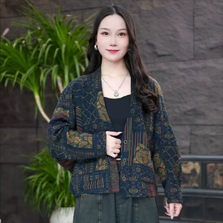 高端时尚民族风双面穿开衫外套休闲宽松文艺复古风印花短款上衣女
