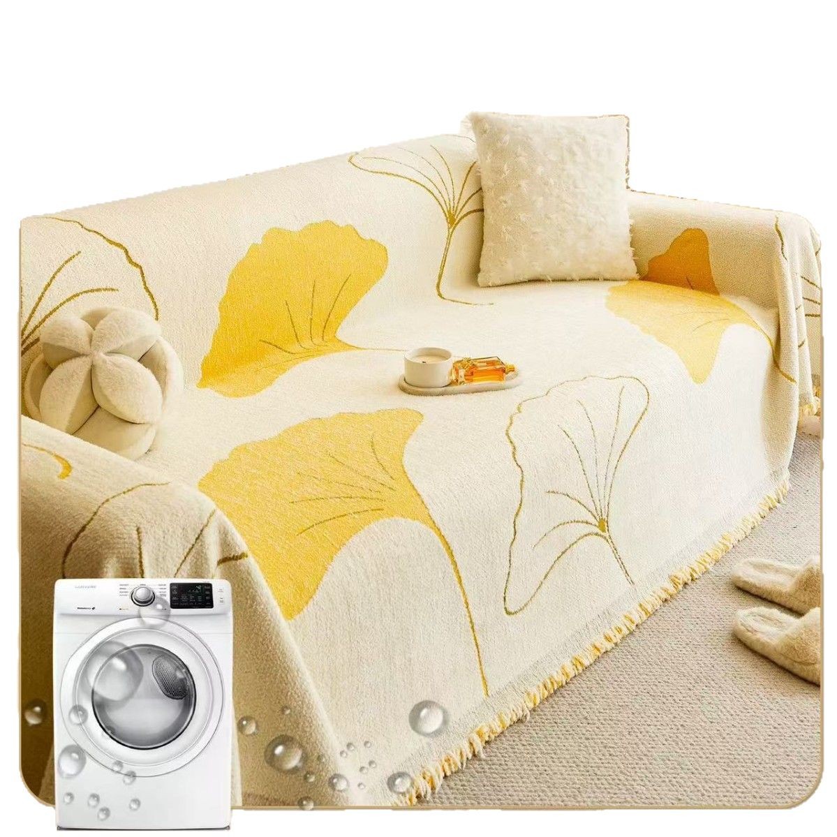 Tela de sofá de viento natural, cuatro estaciones, ginkgo general, chenilla, una hoja completa que se puede cubrir