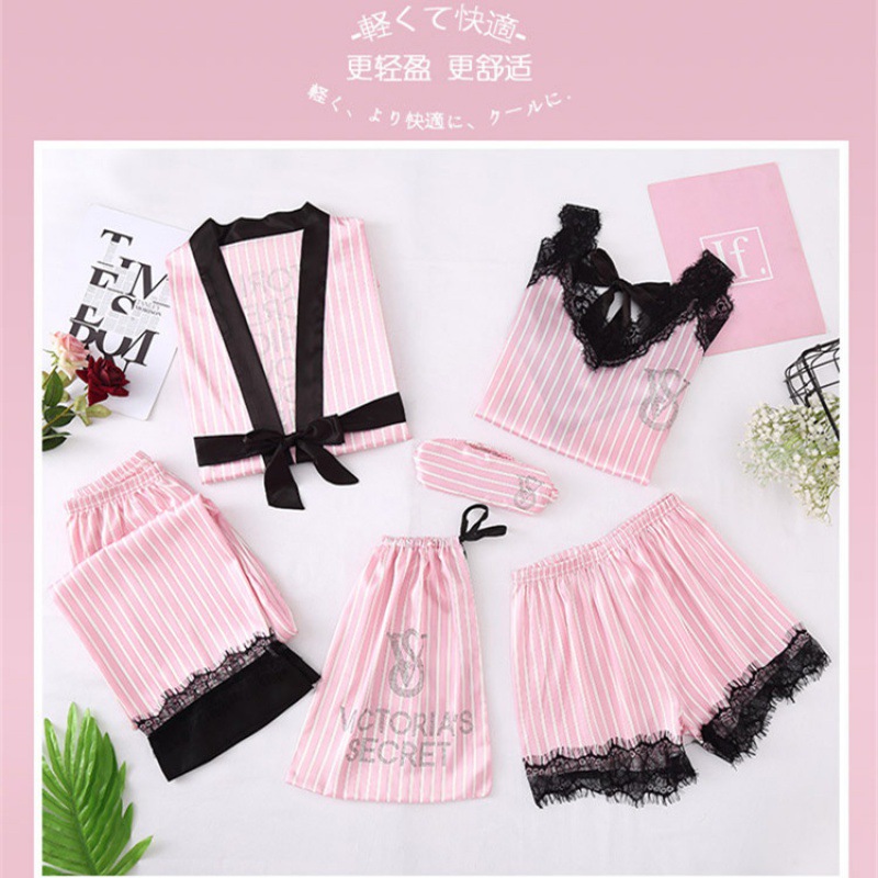 Foreign trade 7-piece hot bead thin women's 7-piece T striped pajamas casual Japanese, Korean, Australian and American silk home wear