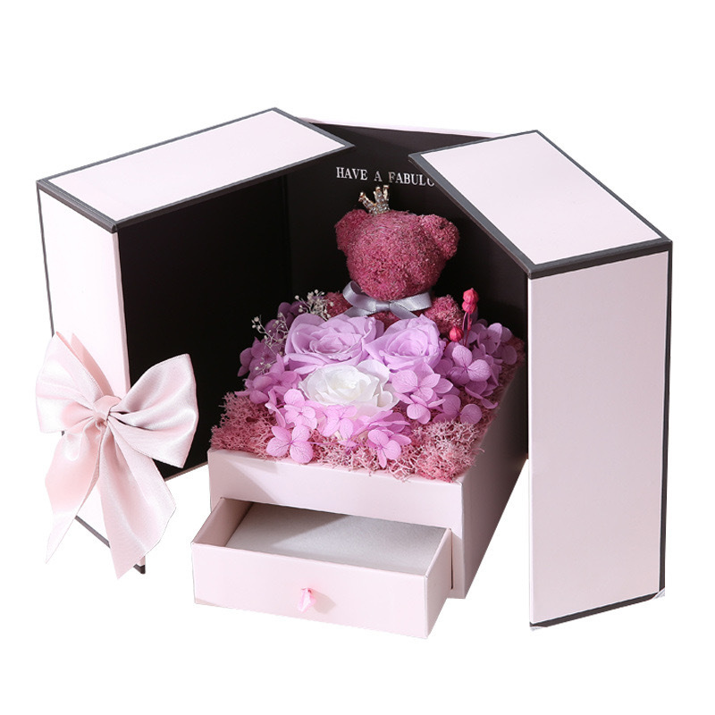 Valentinstag-Halskette, Schmuck, Lippenstiftverpackung, Geburtstagsgeschenk, Teddybär, Ewige Blume, Doppeltür-Geschenkbox_voghion.com