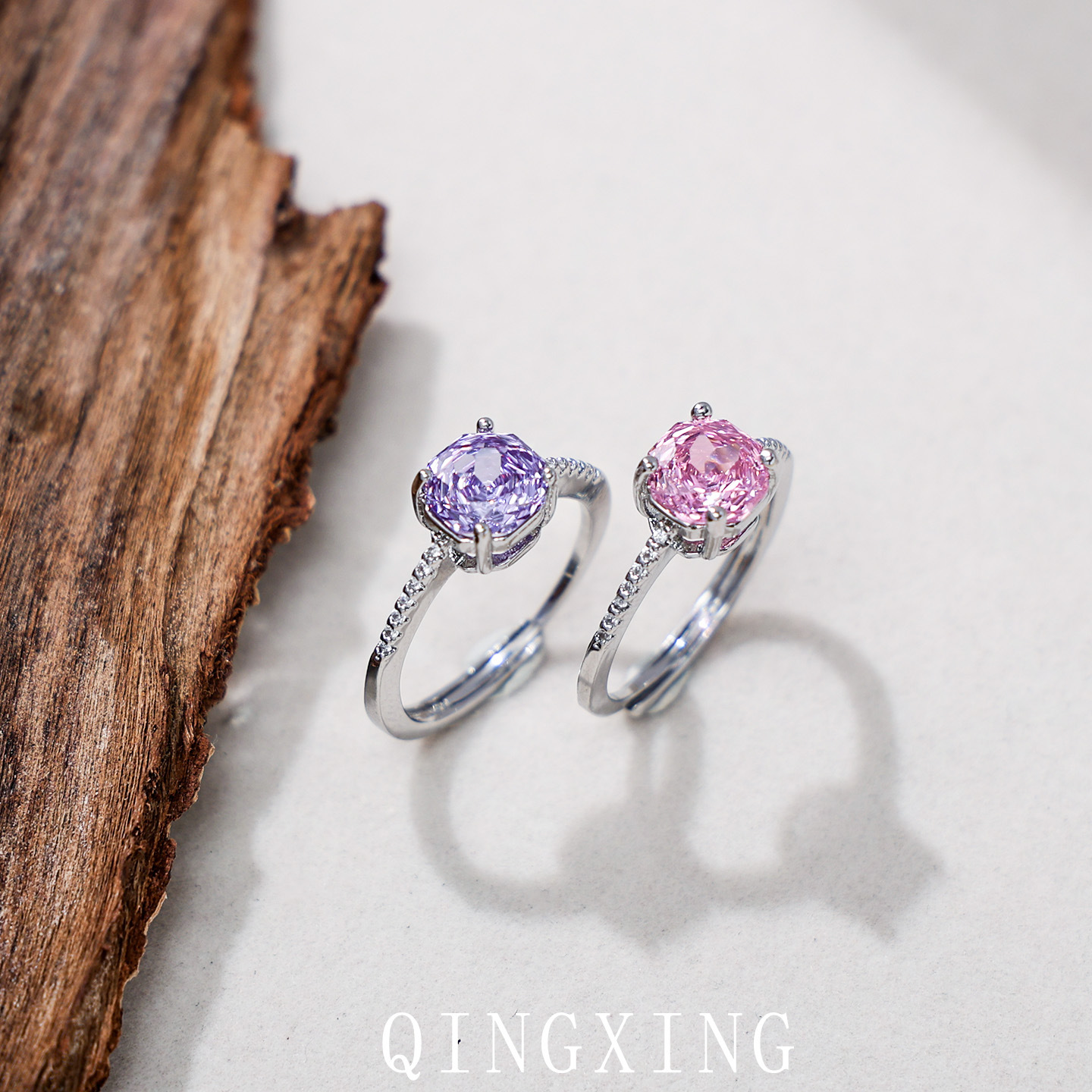 Modischer und hochwertiger Millennium-Ring im Rosenschliff mit verstellbarem, leicht luxuriösem rosa Diamant und violettem Zirkon für Mädchen_voghion.com