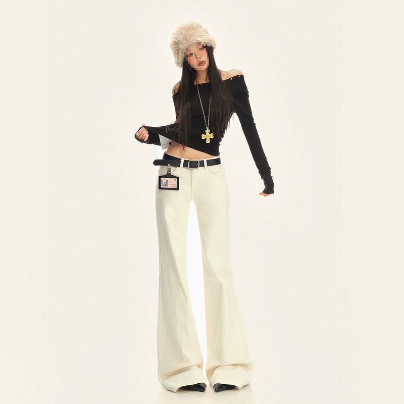 26Th Ootd!|Vintage American-Style Low-Waist Slim-Fit Flared Jeans in Off-White with a Pattern 26Th Ootd!|Vintage American-Style Low-Waist Slim-Fit Flared Jeans in Off-White with a Pattern