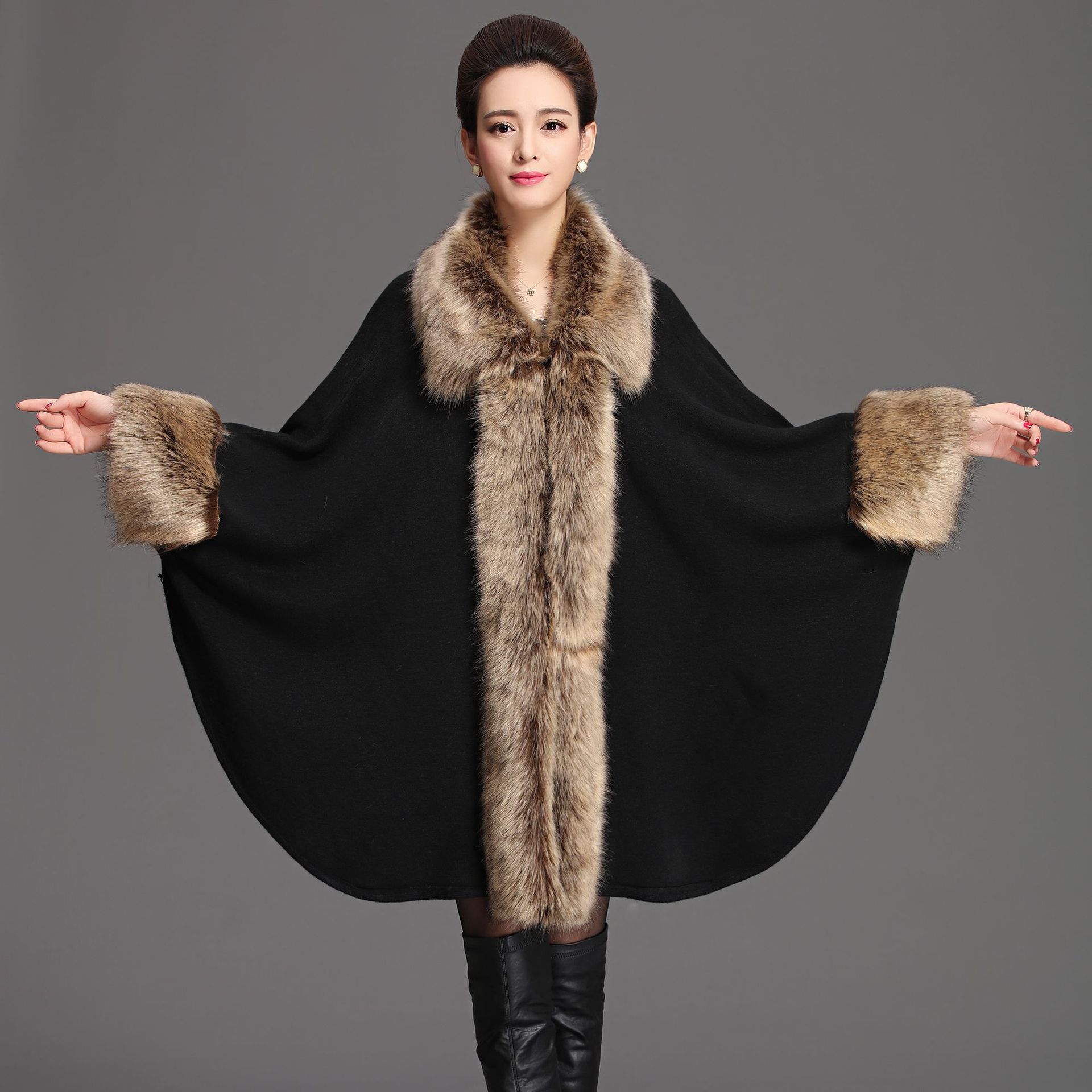 Fur collar cape Cape large lapel fur cape for women_voghion.com