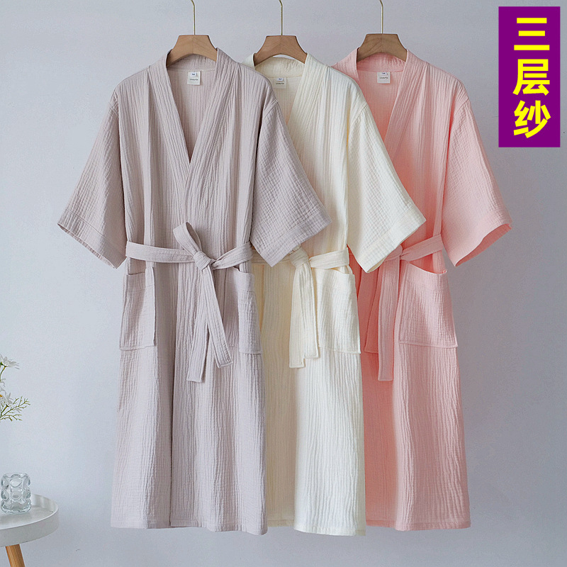 Spring and Summer Japanese-style Cotton Three-layer Yarn Bathrobe Bathrobe Four Seasons Class A Home Clothes Absorbent Skin-friendly Homestay Hotel Nightgown