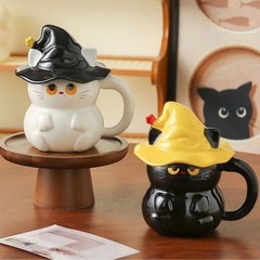 万圣节创意可爱猫咪马克杯带盖幽灵帽子女生水杯陶瓷高颜值马克杯