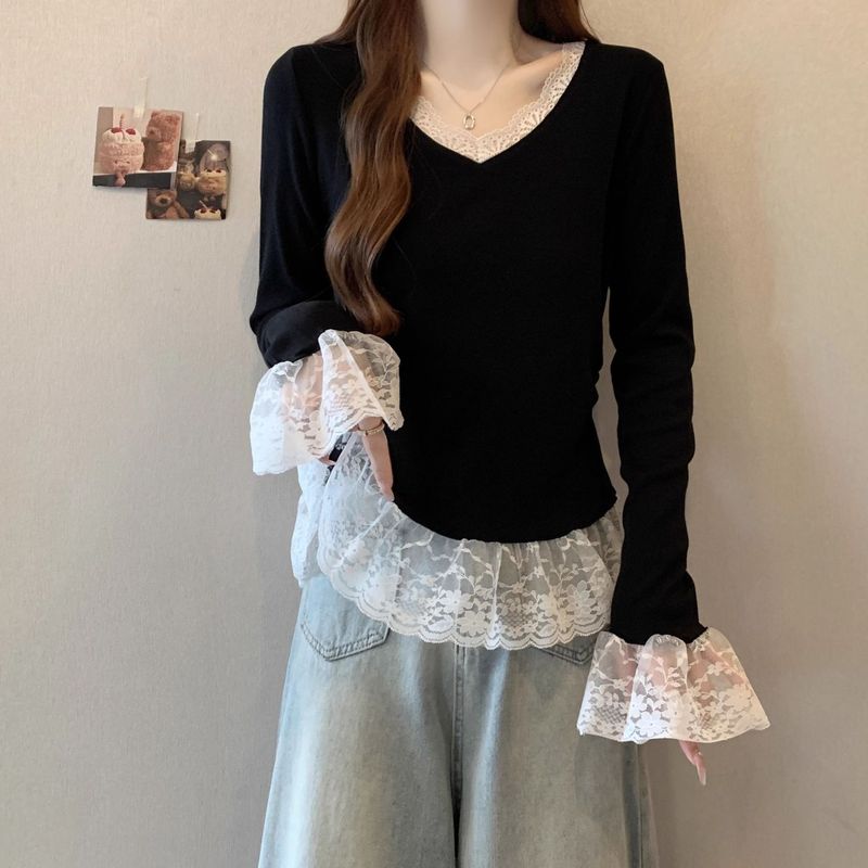 大きいサイズ V ネックレース裾長袖 Tシャツ女性のための春と秋の新しいファットミリリットウエスト痩身ベルスリーブトップ女性のための|undefined