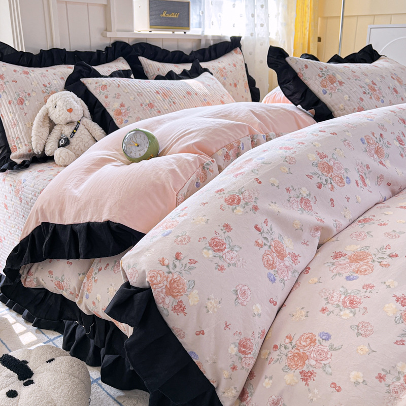 Cubierta de cama de hilo de doble capa de algodón de punto aeróbico Juego de cuatro piezas Funda de edredón de encaje Tatami Cubierta Kang Cojín Four Seasons Universal