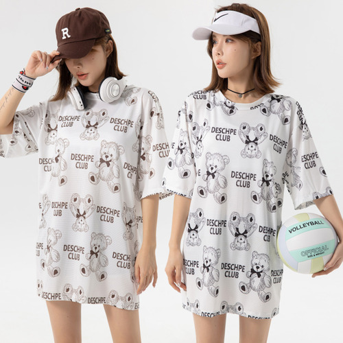 2025 three-piece set sporty casual bear print cartoon cute student Korean style short-sleeve hot spring swimsuit for women