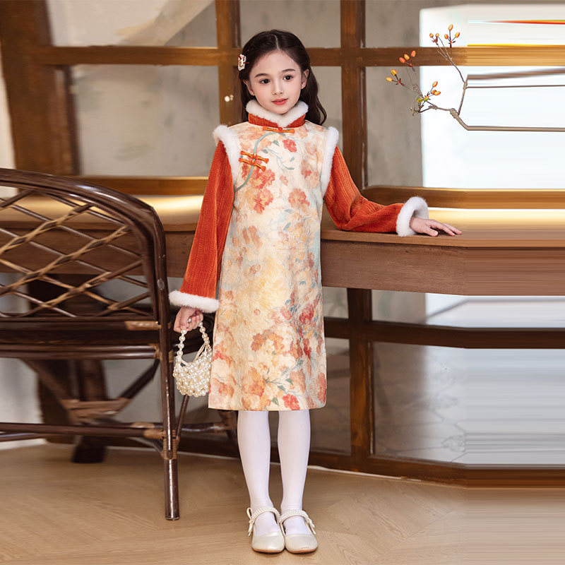 女童过年旗袍加厚冬装新中式复古国风拜年服连衣裙小女孩汉服冬季