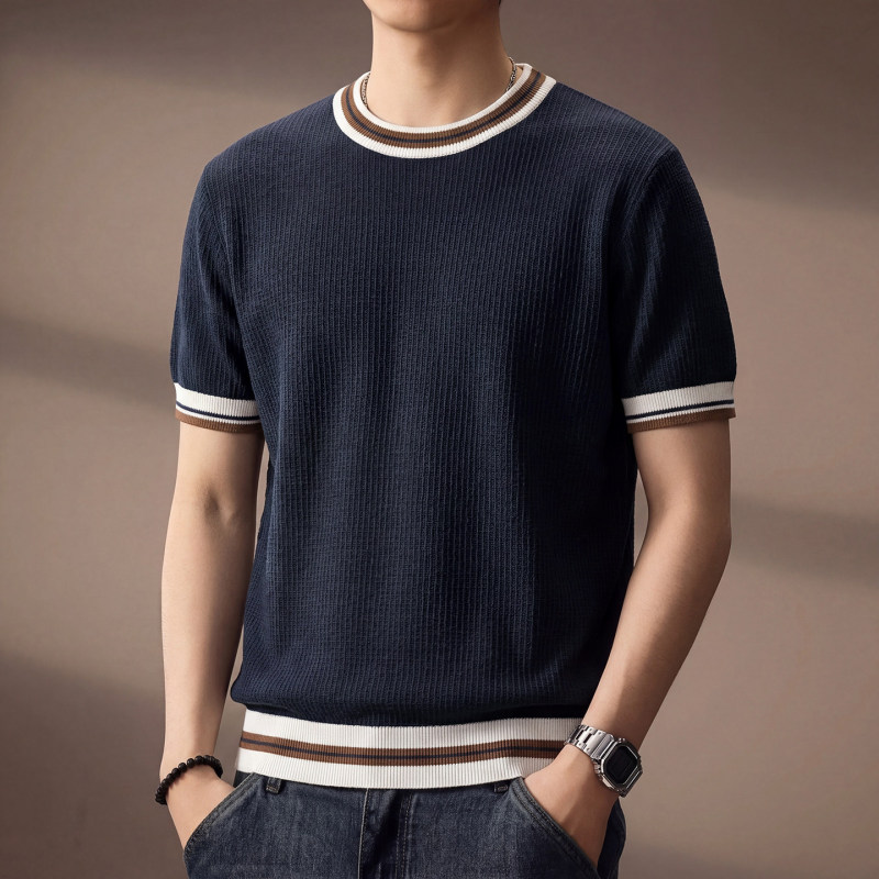 High-End Korean-Style Color-Blocking Textured Round-Neck Short-Sleeve Knit Shirt for Men, Summer Thin Breathable Casual Simple T-Shirt High-End Korean-Style Color-Blocking Textured Round-Neck Short-Sleeve Knit Shirt for Men, Summer Thin Breathable Casual Simple T-Shirt