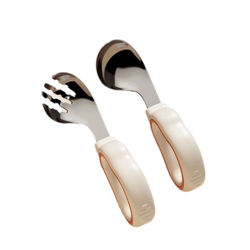 Self-eating one-year-old complementary food spoon learning to eat training children silicone stainless steel fork spoon baby short-handle storage