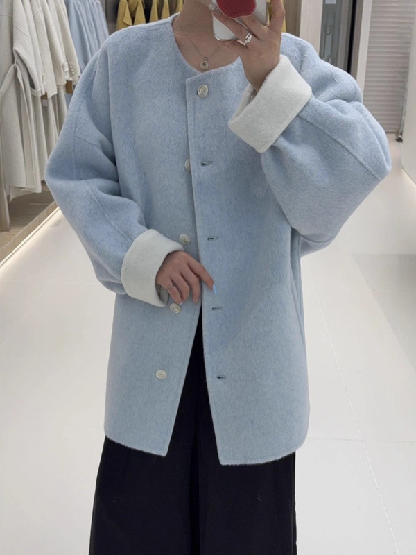 秋冬新款蝙蝠型圆领双色韩版中长款双面呢羊毛大衣女外套|undefined