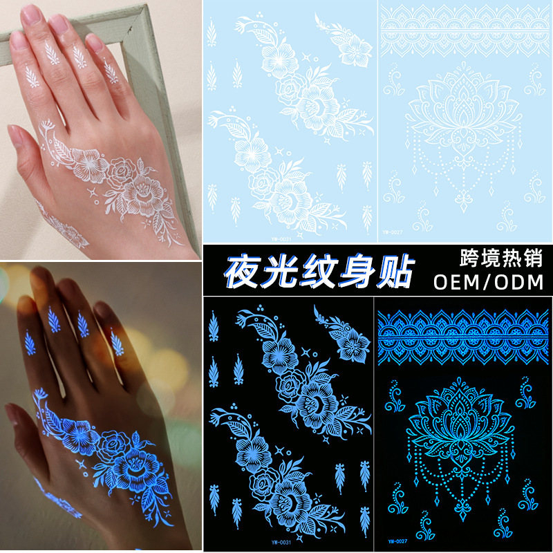 Cross-border New Luminous Tattoo Sticker Temporary White Butterfly Flower Finger Clavicle Lace Hannah Tattoo Sticker Waterproof