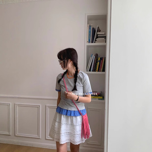 【You Think】十三行设计感格子拼接圆领显瘦百搭短袖T恤 B80548-阿里巴巴