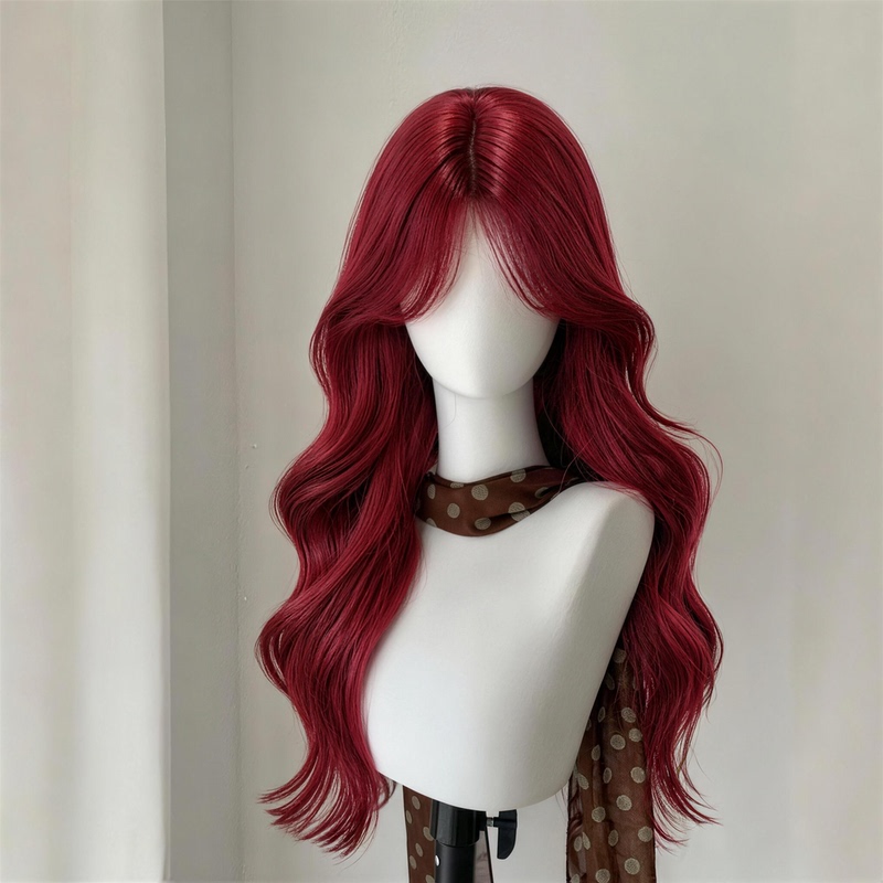 Burgundy Long Curly Wig for Women, Everyday Full Wig, Versatile for Cosplay Styling, Medium-Length Hair, Full Head Cover