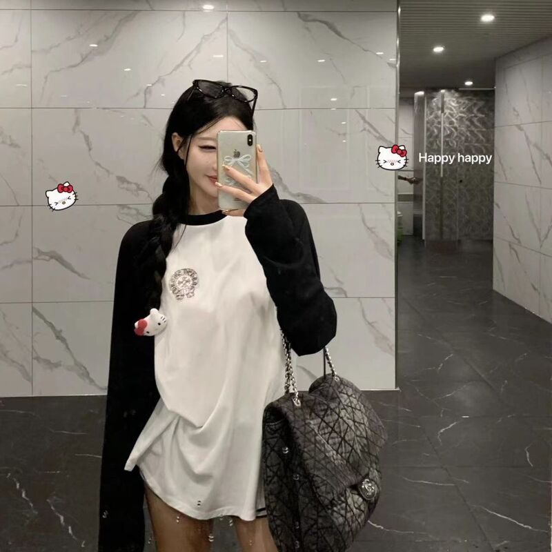 2023 early autumn new niche design raglan sleeve Phantom Sanskrit cross hot rhinestone long T casual temperament top 2023 early autumn new niche design raglan sleeve Phantom Sanskrit cross hot rhinestone long T casual temperament top
