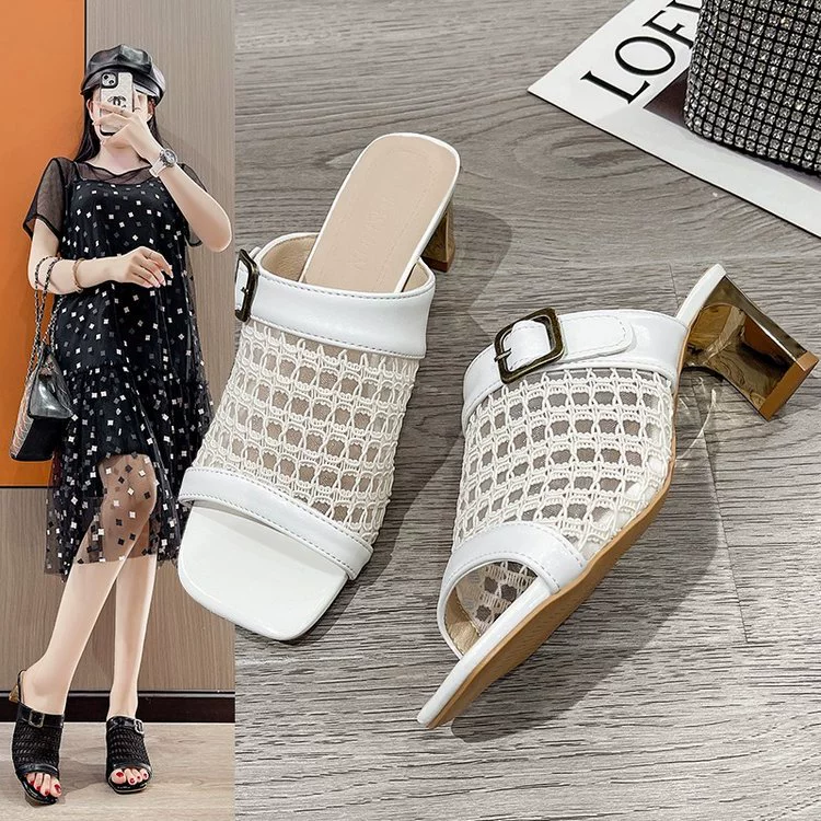 Корейские плетеные сетчатые сандалии для женщин, летняя обувь 2025, новые с толстым каблуком, средний каблук, модные сандалии с квадратным носком.