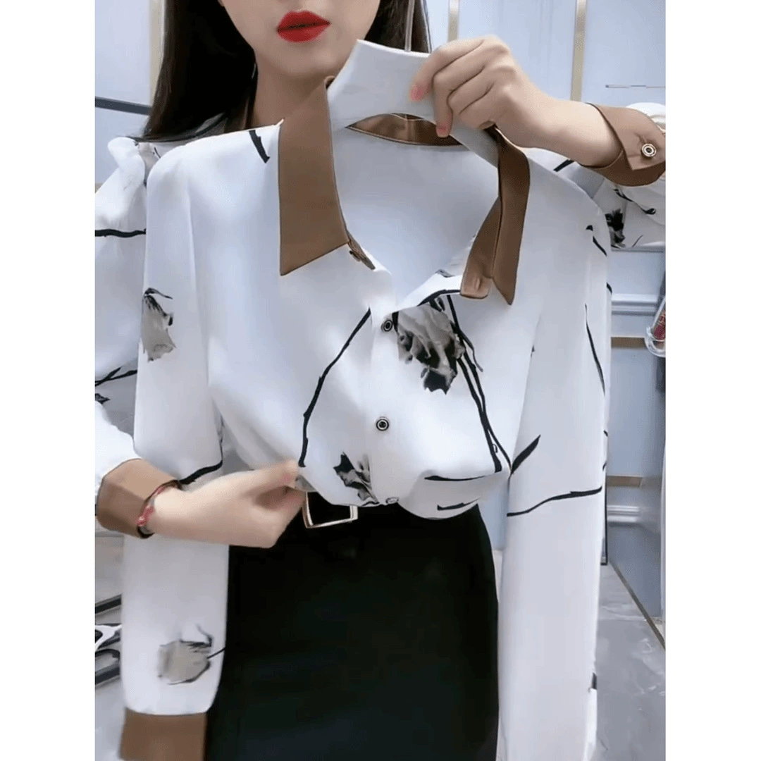 Литературно-белый цветочный воротник POLO рубашка женский 2023 осенний костюм с длинными рукавами рубашка рыхлый живот тонкий топ