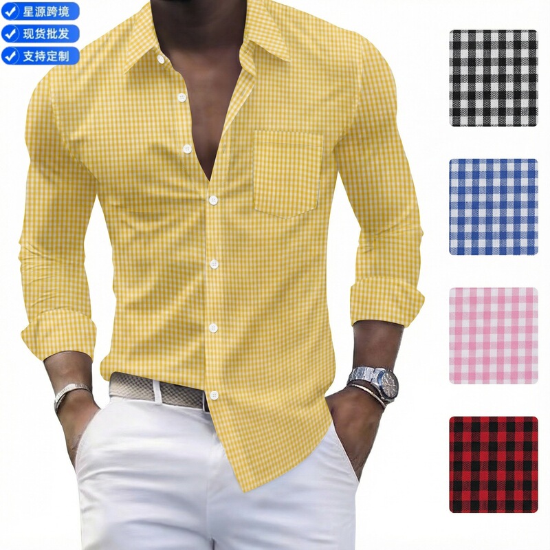 2026 Cross-Border Amazon New Fashion Men's Plaid Pocket Business Slim Casual Shirt Long-Sleeve Shirt