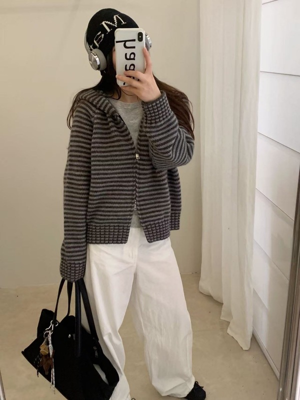 春秋冬季韩版拉链条纹连帽卫衣女宽松百搭针织衫慵懒复古毛衣外套|undefined